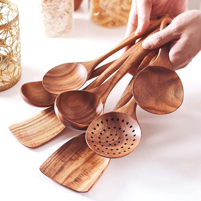 Kit Utensílios de Cozinha Peças em Madeira Teca - PAGUE 5 E LEVE 7