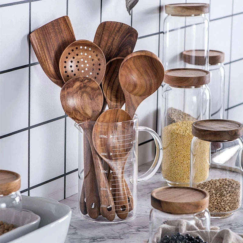 Kit Utensílios de Cozinha Peças em Madeira Teca - PAGUE 5 E LEVE 7
