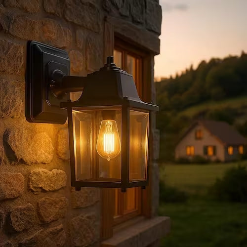 Arandela externa preta estilo lanterna retrô com luz amarela instalada em parede de pedra em ambiente externo