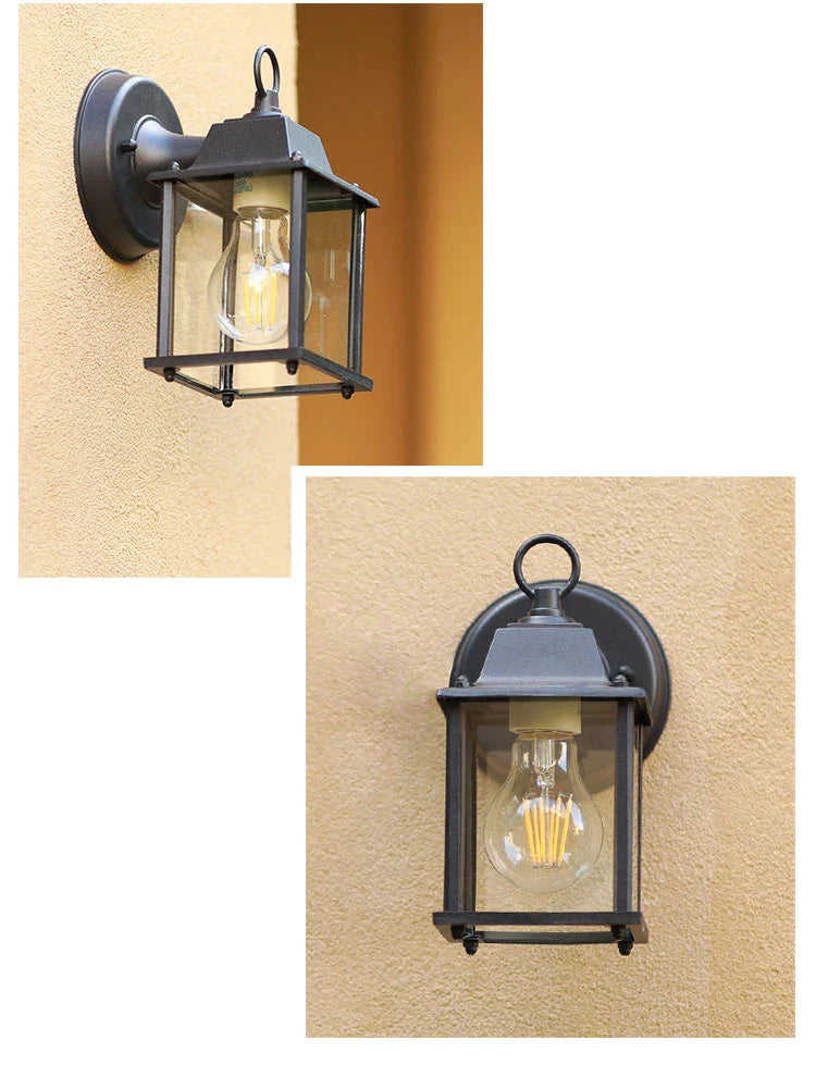 Arandela externa preta estilo lanterna retrô mostrando visual frontal e lateral do produto