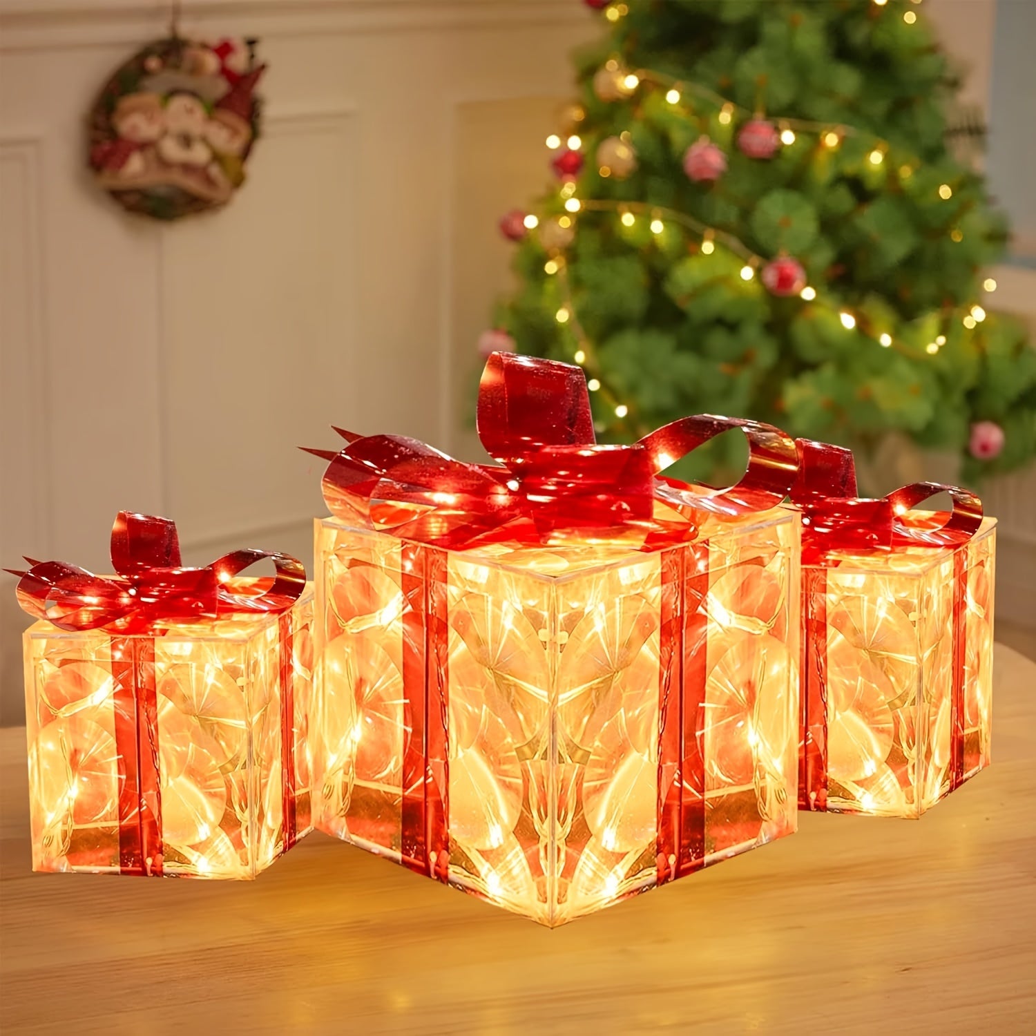 Caixas de Presente Natalinas Iluminadas Kit 3 Peças - Zafer Decor