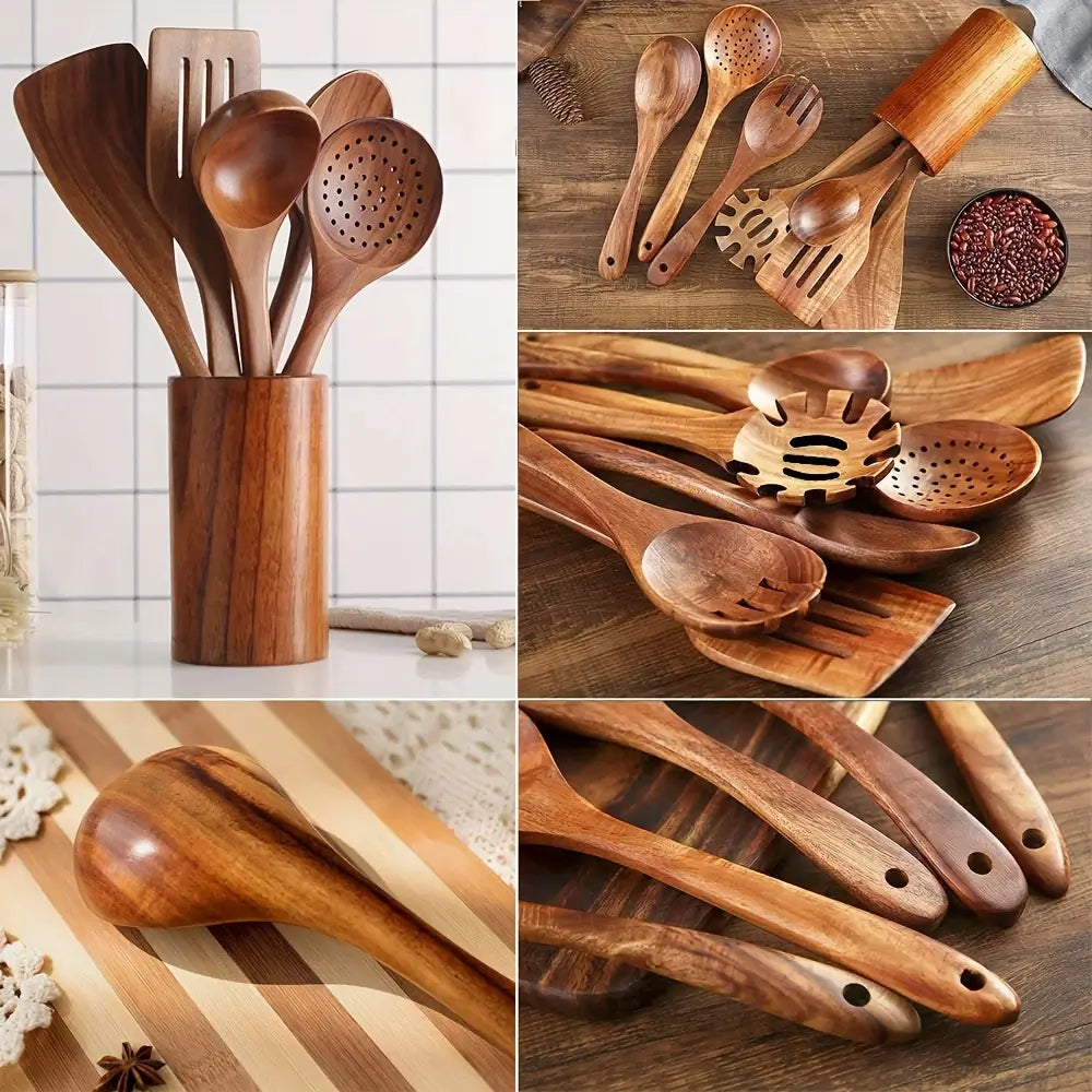 Kit Utensílios de Cozinha Peças em Madeira Teca - PAGUE 5 E LEVE 7