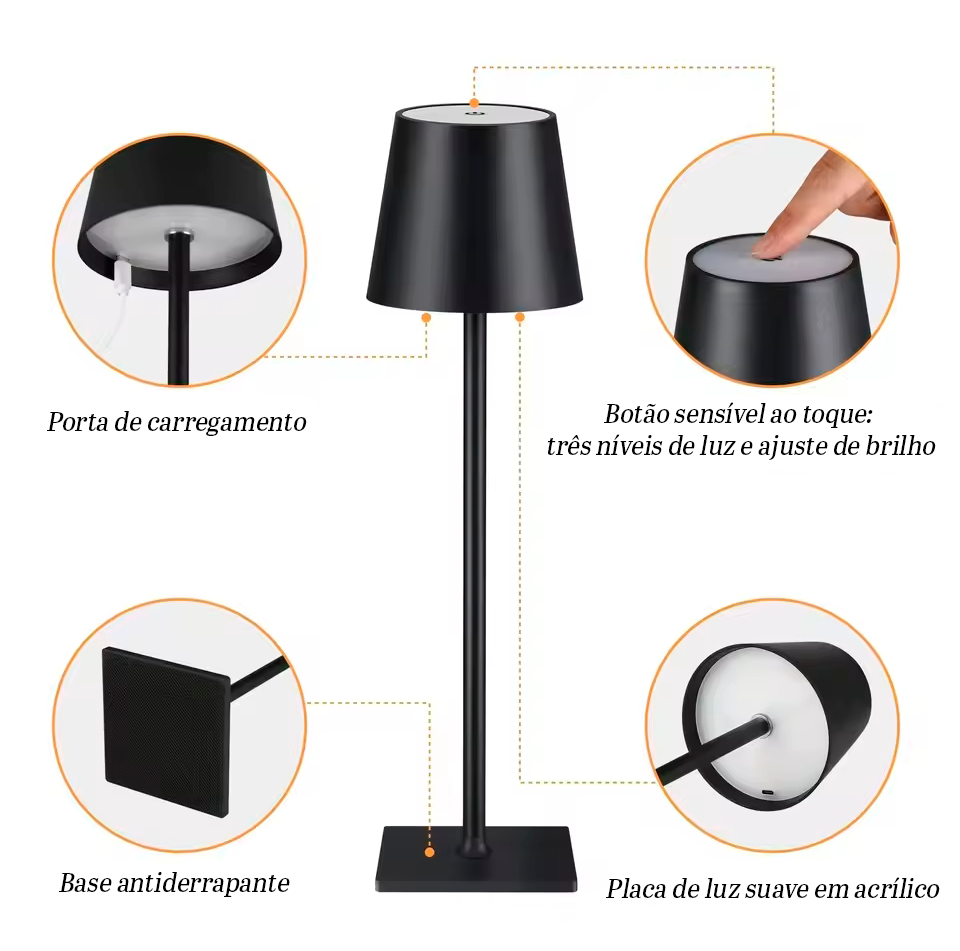 Luminária de mesa preta LED com informações técnicas, acabamento premium em metal e design minimalista.