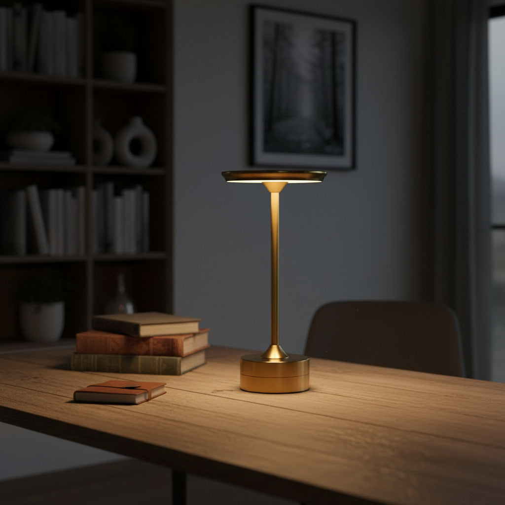 Luminária de mesa LED dourada sobre mesa em escritório