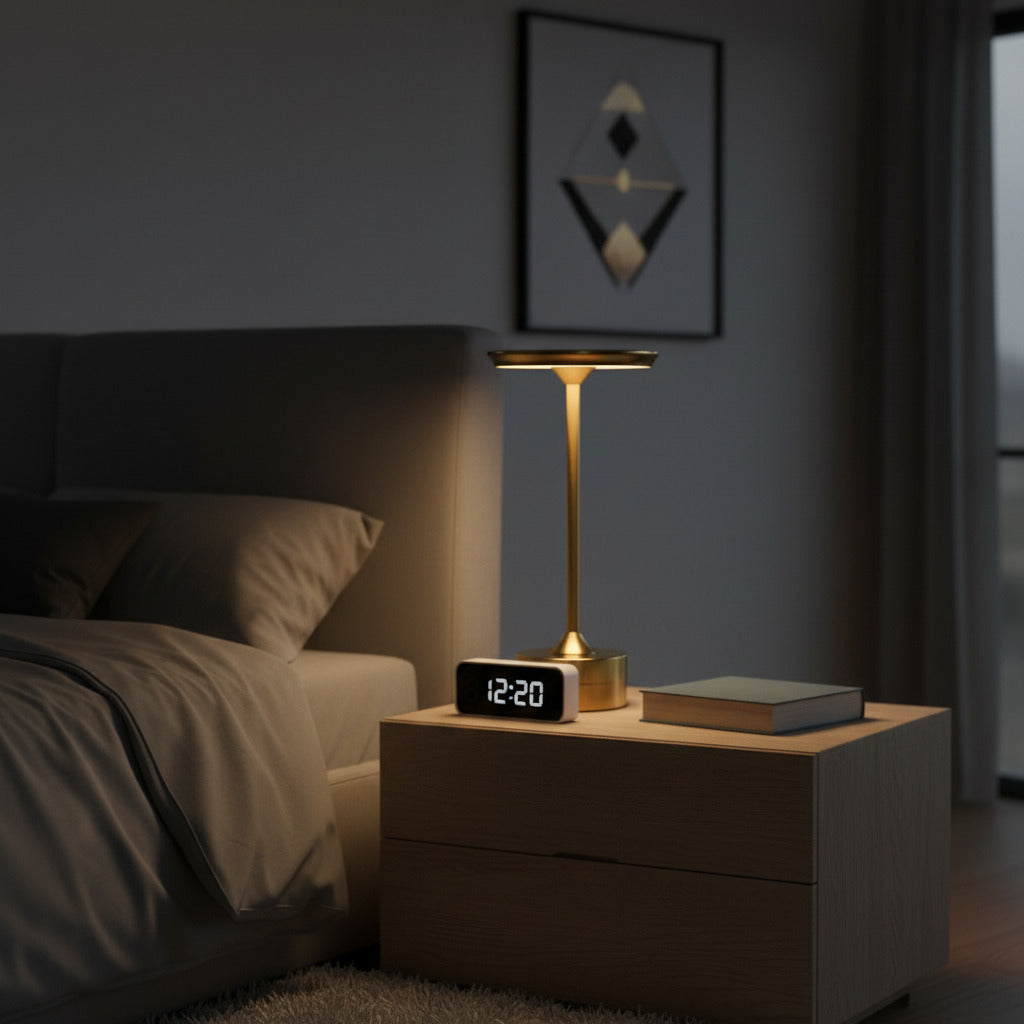 Luminária de mesa LED dourada sobre criado-mudo em quarto