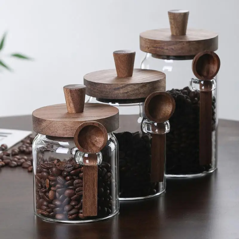 Pote de Vidro para Armazenamento de Café + Colher de Madeira Zafer