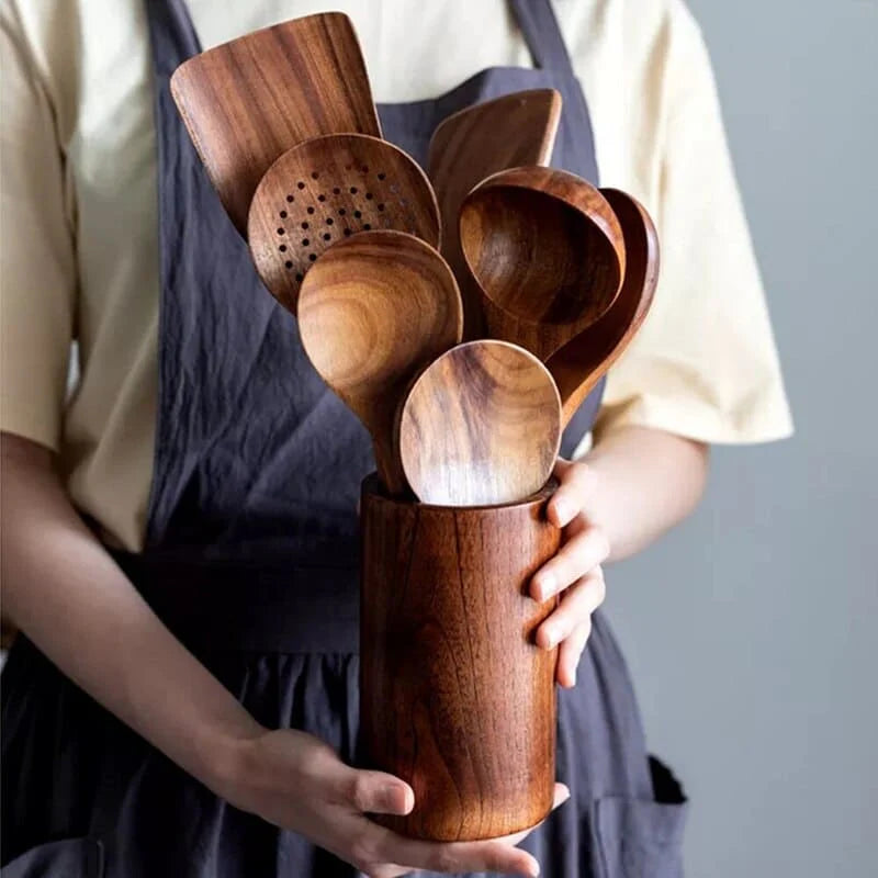 Kit Utensílios de Cozinha Peças em Madeira Teca - PAGUE 5 E LEVE 7