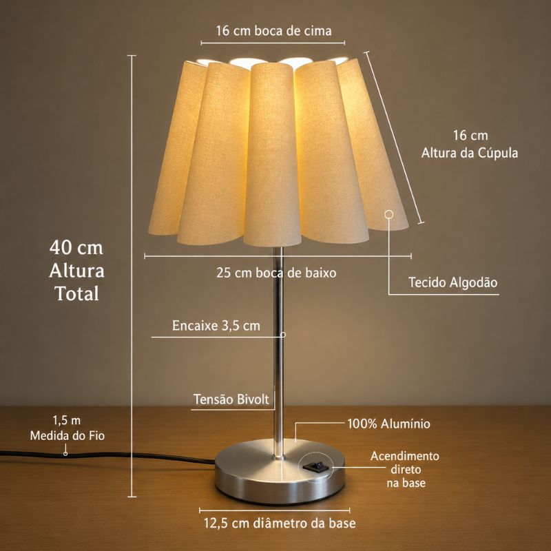 Tamanho da Luminária de Mesa com Cúpula Plissada