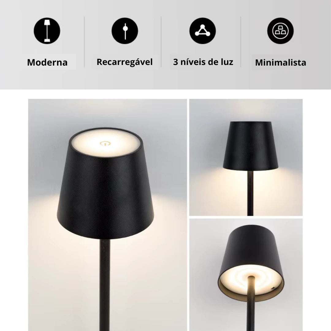 Luminária de mesa preta LED com design moderno, mostrando detalhes funcionais, acabamento em metal e iluminação eficiente.
