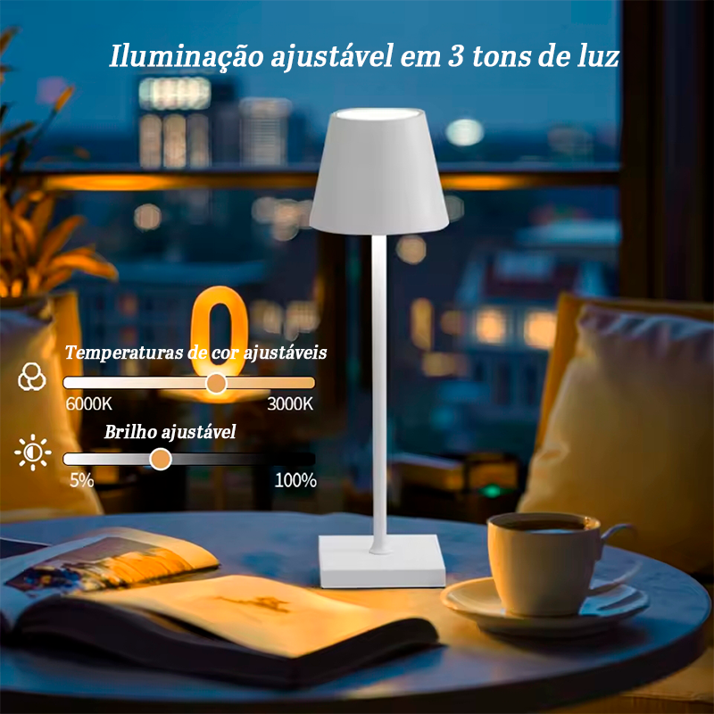 Luminária de mesa Zafer Decor com iluminação ajustável em 3 tons de luz, brilho regulável e design moderno para ambientes internos.