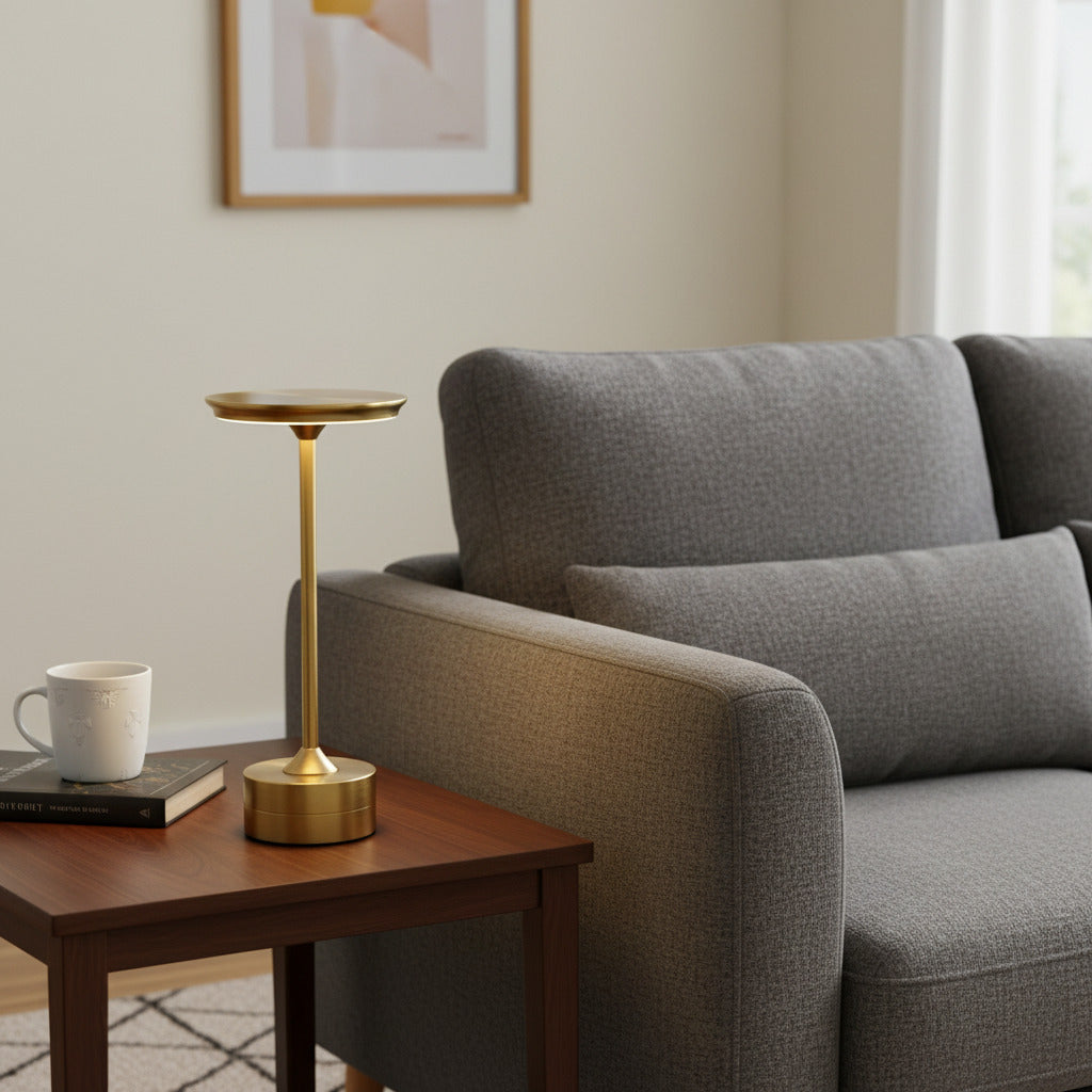 Luminária LED dourada sobre mesa de madeira ao lado do sofá