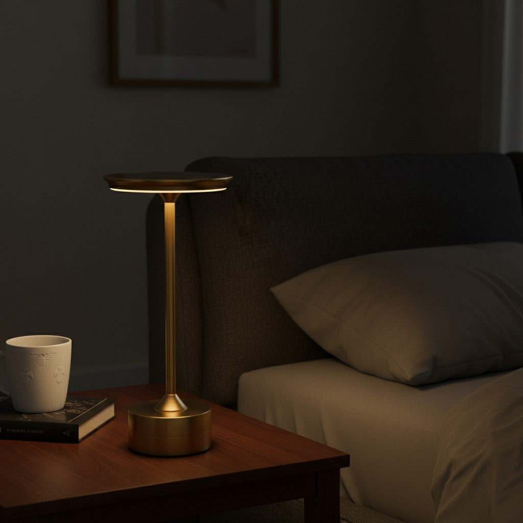 Luminária LED dourada para leituras sobre mesa de madeira no quarto