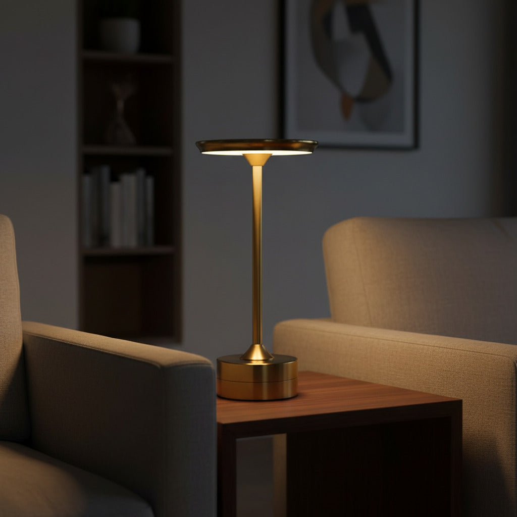 Luminária de mesa LED dourada sobre mesa lateral em sala de estar moderna